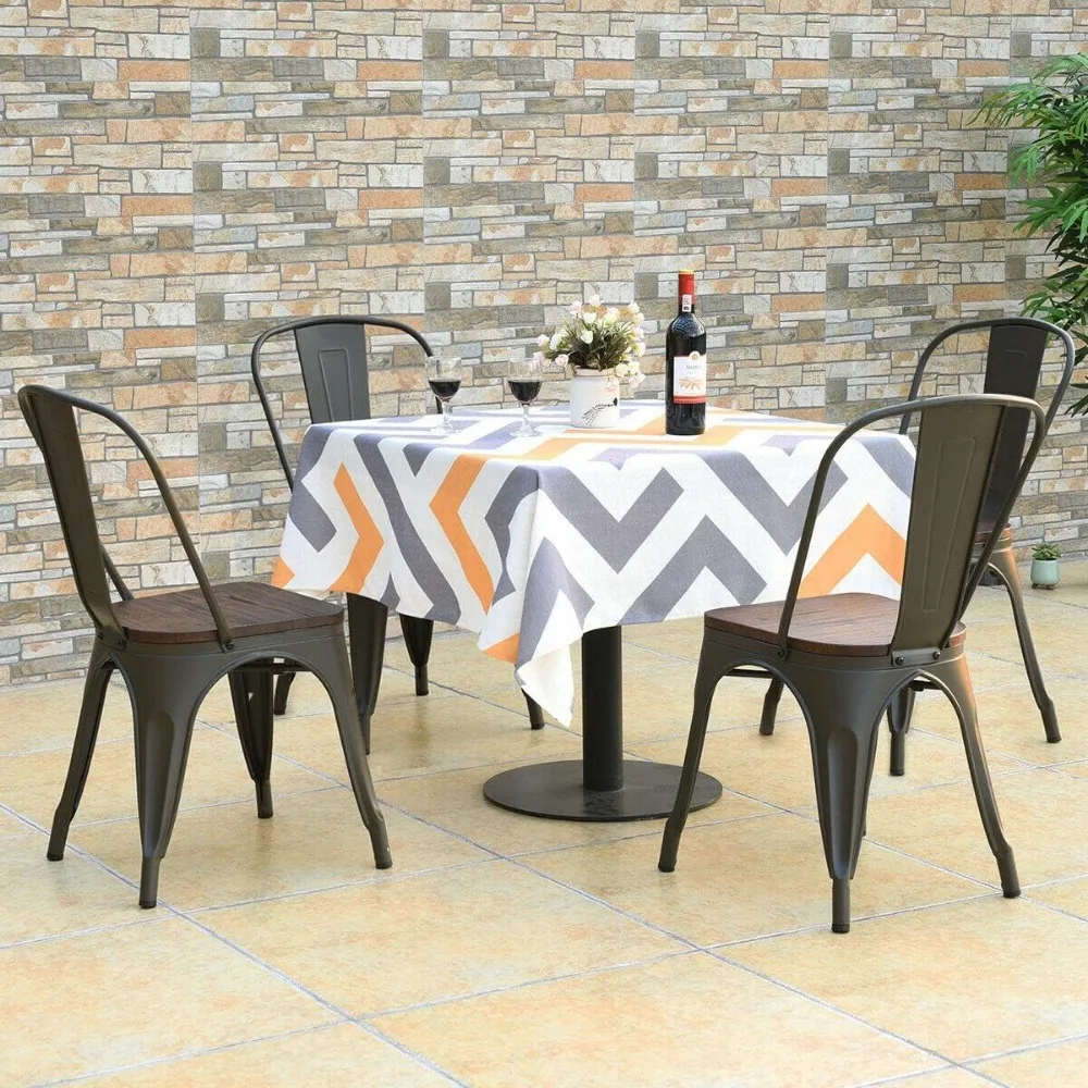 18 Inch Dining Chair Set of 4, Industrial Vintage Stackable Metal Chairs, Counter Bar Chairs with High Backrest, Wood Seat 2