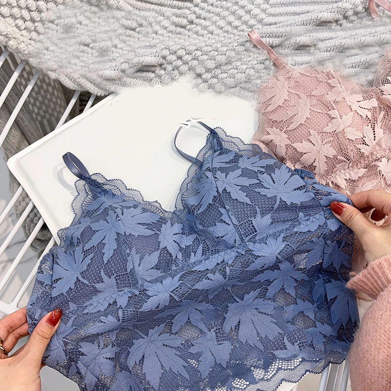 2021 Female Summer Crop Tank Top Women Fashion Deep V Lace Bras Embroidery Floral Tank Top Bra Wrapped Chest Camisole Padded Bra