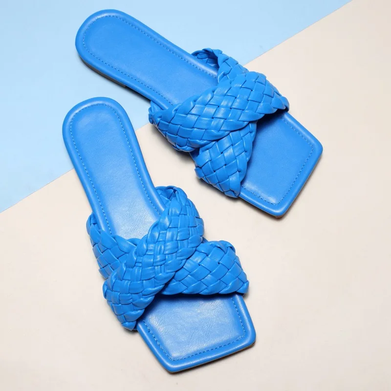 Brand Solid Color Slippers Braided Design Charm Open Toe Set Foot Vacation Beach Flat Sandals Casual Flip Flops Women Shoes