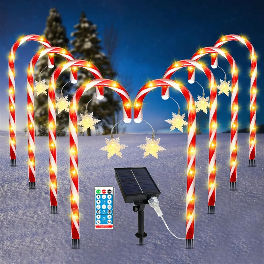 

8 Pack Christmas Solar Candy Cane Lights With Star Snowflakes Santa Claus Outdoor Solar Pathway Marker Lights for Garden Decor