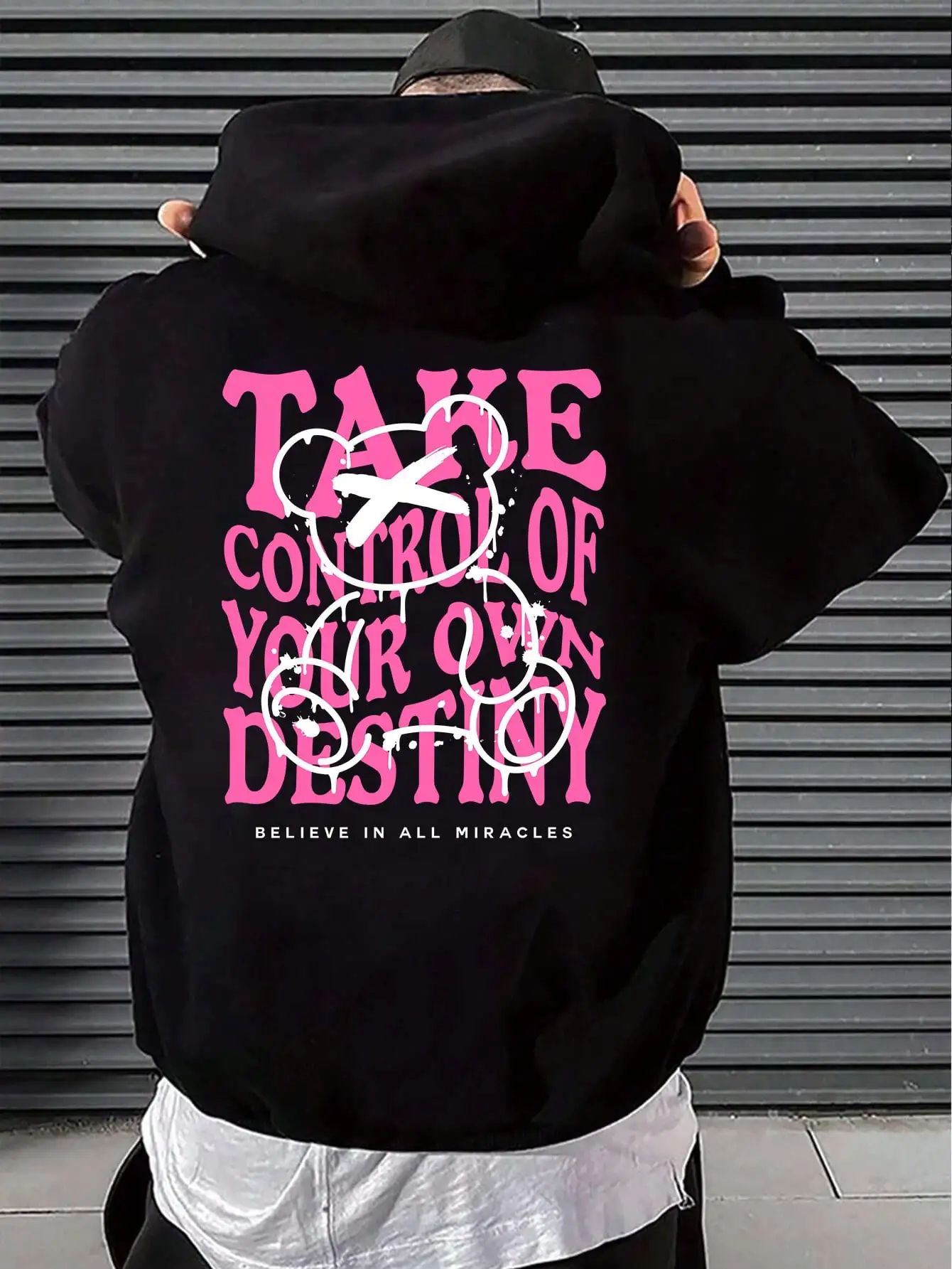 

Pink Letter Cartoons Bear Design Male Hoodies Pocket Creative Hoody Autumn Winter Fleece Clothes Fashion New Streetwear For Men