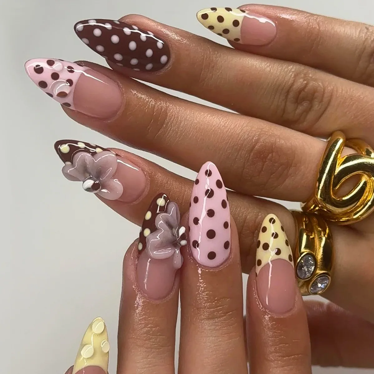 24PCS Pink Almond Press-On Nails with 3D Floral Design and Golden Pearl Accent