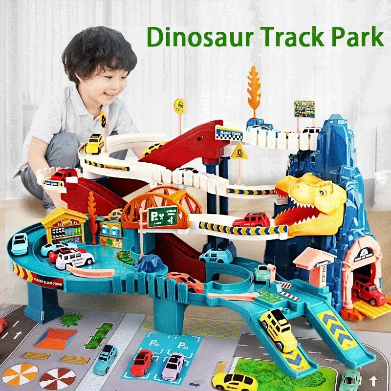 Dinosauro Elettrico Mountain Track Car Adventure Game Racing Rail Car Toys Track Interactive Train Giocattoli Educativi Per Bambini
