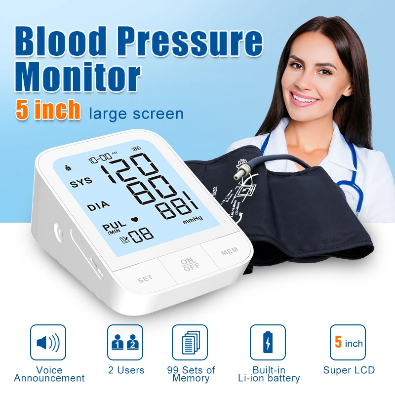 AiQUE Recharge 5Inch Arm Automatic Blood Pressure Monitor LCD BP Sphygmomanometer Pressure Meter Tonometer for Arterial