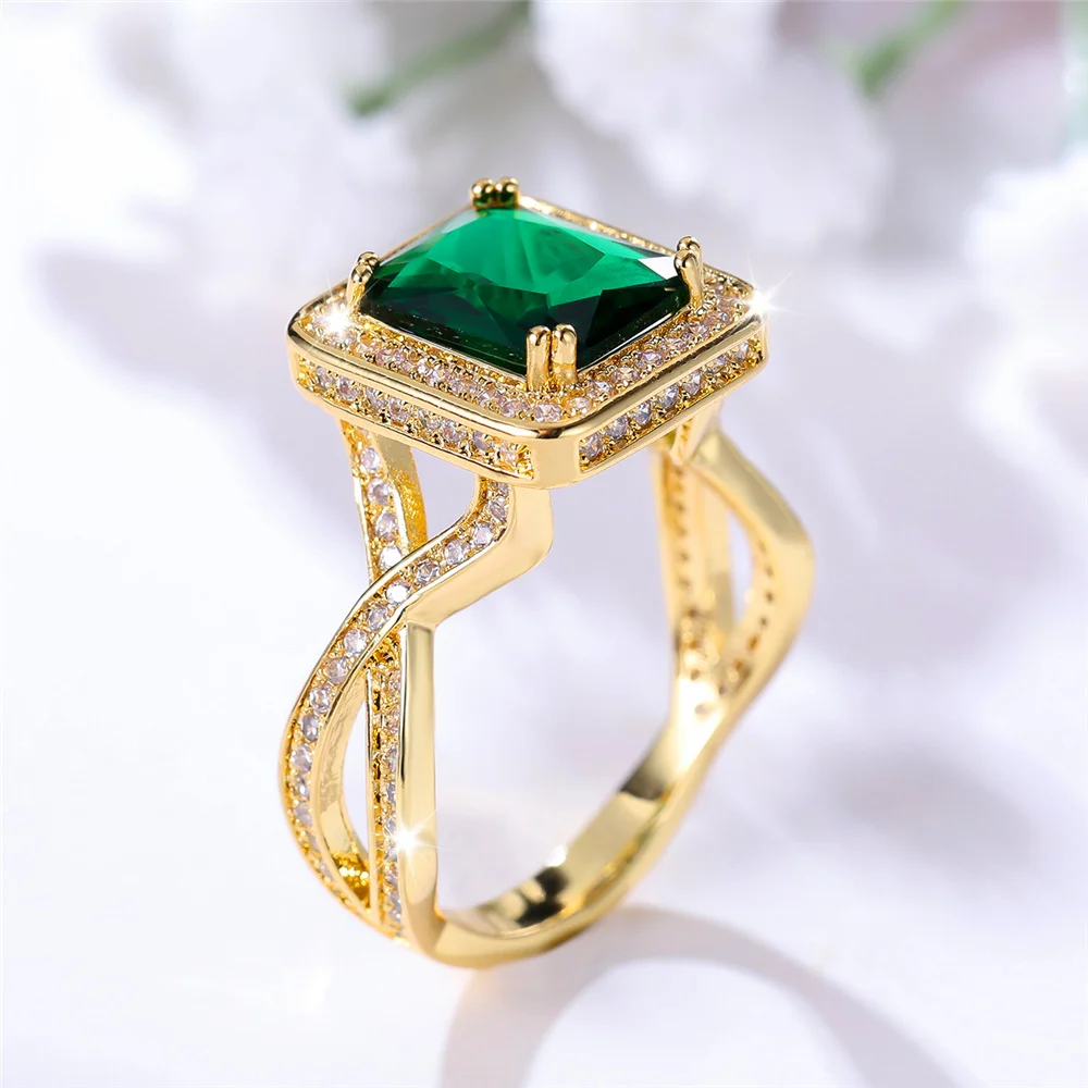 Cute Female Green Stone Square Ring Vintage Yellow Gold Color Wedding Jewelry For Women