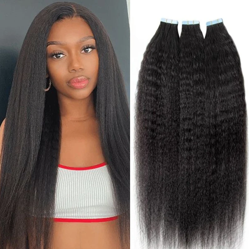 Kinky Straight Tape in Human Hair Extensions Yaki Tape Ins Cuticle Remy Natural Black 1B 20PCS/pack With Free Glue
