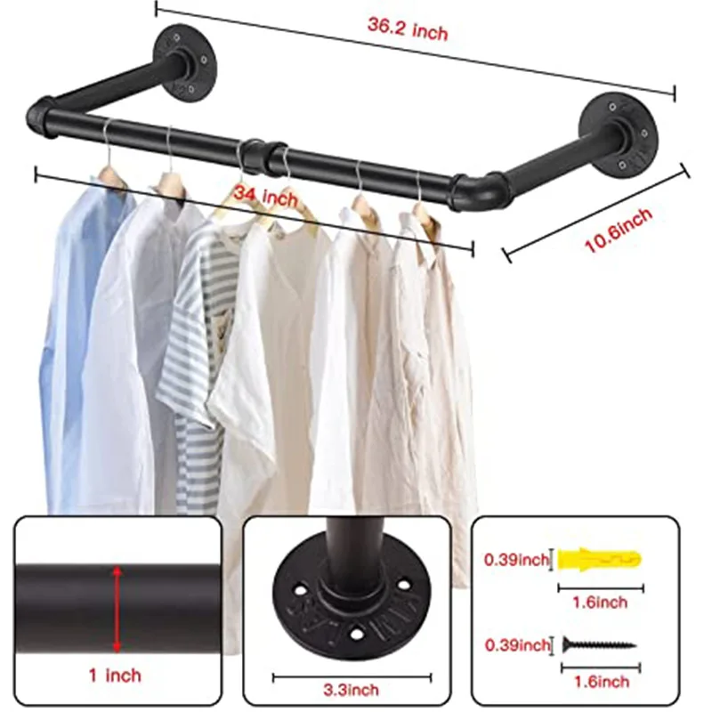 Wall Drying Rack, Industrial Wind, Wrought Iron Water Pipe, Clothing Rack, Black, Multi-functional Display Hanging Rod