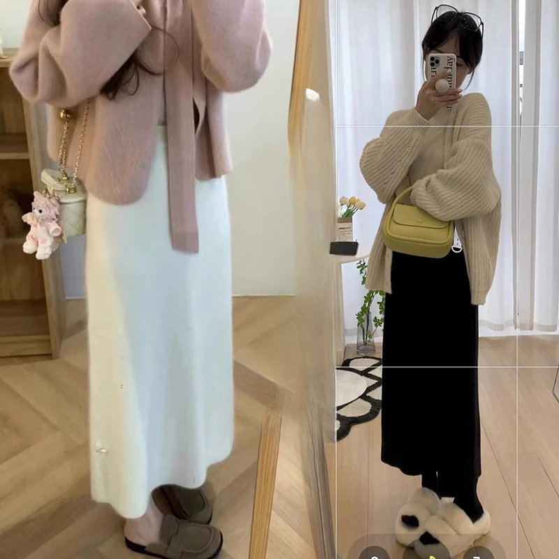 Autumn Winter Pregnant Woman Belly Skirt Ankle-length Solid Color Maternity Long Step Skirts Adjustable Waist Knitted Skirt