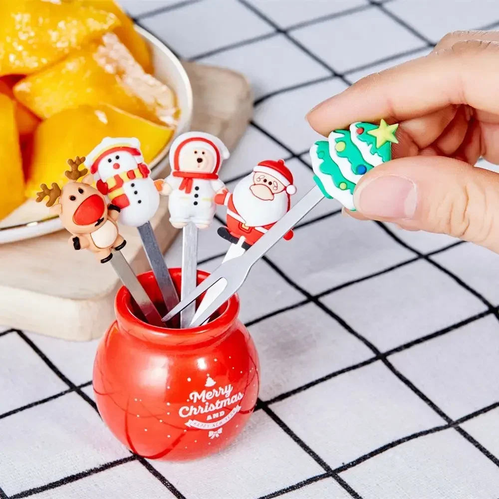 Description Picture 4 of item5pcs Christmas Theme Fruit Fork Stainless Steel Fruit Fork Set Salad Cutlery Kitchen Gadget Feliz Navidad Kid Favor for Festival