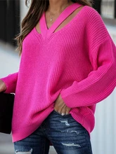 Fitshinling V Neck Casual Women Pulovers Sweaters Boho Holiday Knitwear Sweater Oversize Long Sleeve Solid Jumper Top Winter New 
