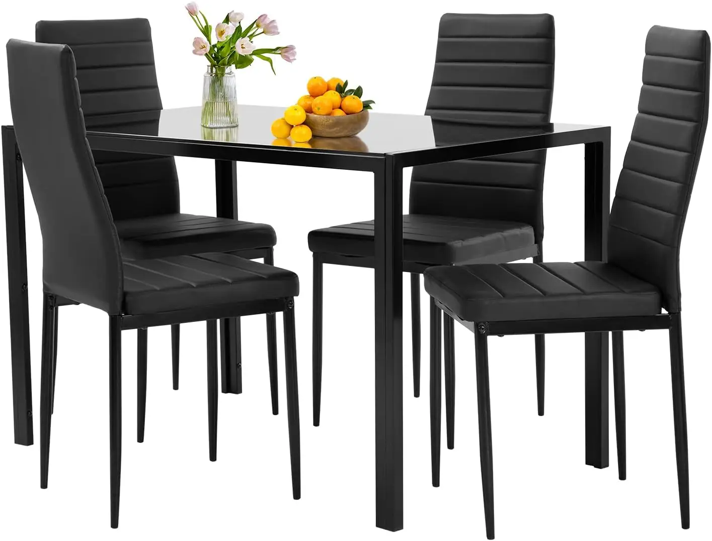 Glass dining table set, kitchen table and chairs 4 tables with chairs Home furniture rectangular modern (black glass)