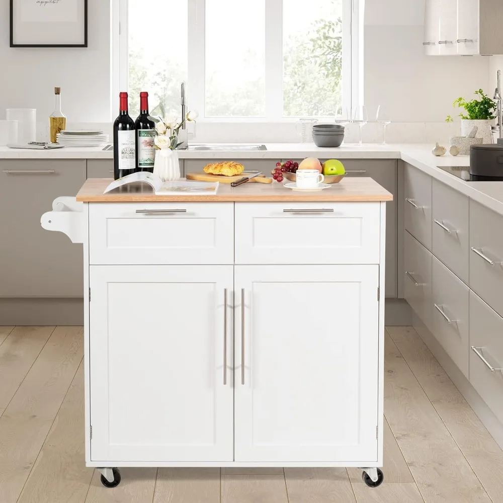 Kitchen Island Cart on Wheels, with Side Towel Bar, 2 Drawers, 2 Door Cabinet, Rolling Storage Trolley Cart with Rubber Wood Top