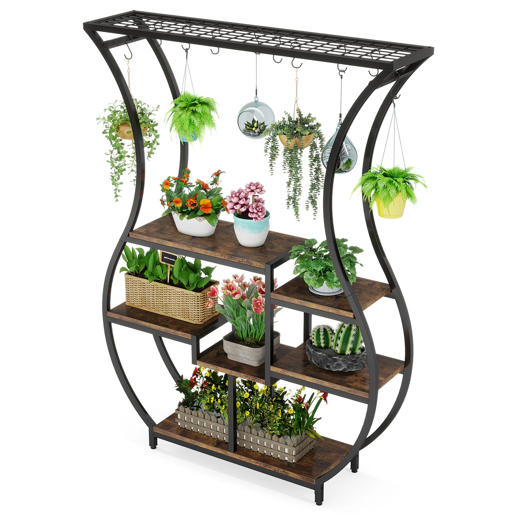 Tribesigns 6-tier plant stand 70.9 inch tall plant shelf with 10 hanging hooks vase shape ladder stand