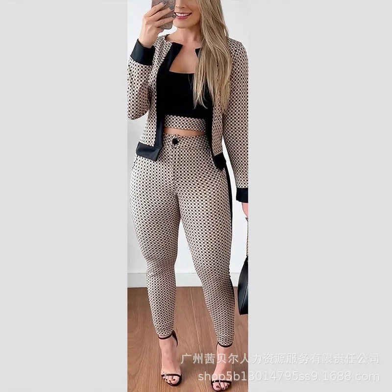 

3pcs Outfits Slim-Fit Assorted Colors Coat Tight Pants Suit Y2K Brown Camis Tops Women Patch Tank Top & Pants Set with Coat