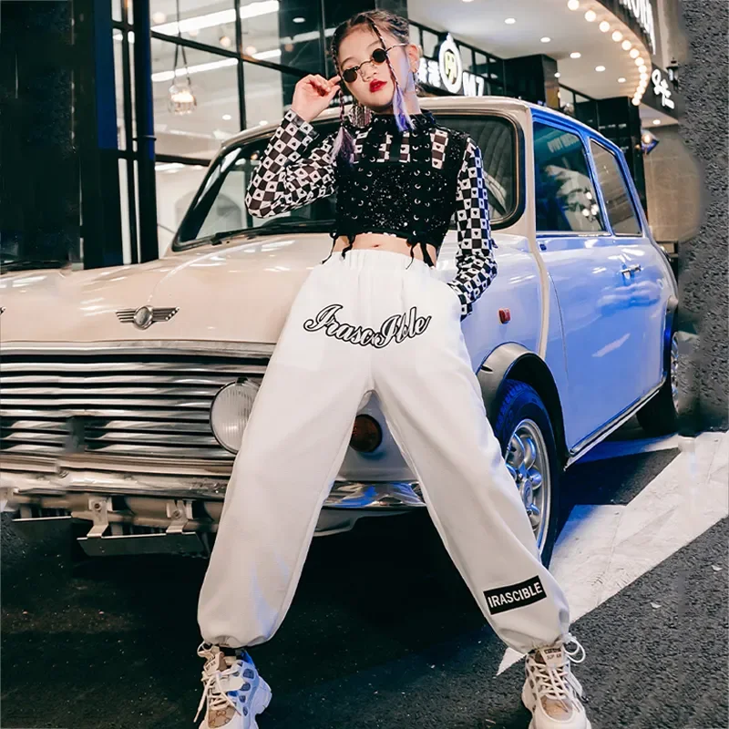 

Stage Performance Outfit Festival Clothing Black Sequins Vest White Pants For Girls Jazz Costumes Kids Hip Hop Clothes
