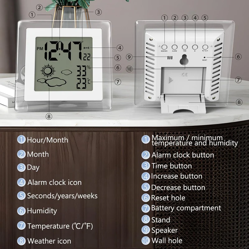 Digital Battery Operated Alarm Clock With Auto Backlight, Indoor Temperature Humidity, 12/24H, Date, Desk Clock, Durable 3