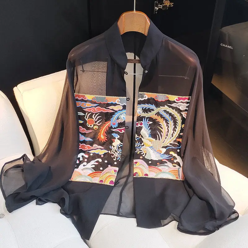 

Black Silk Shirt Summer New Embroidered Stand Collar Bat Sleeve Single-breasted Mulberry Silk Cardigan Jacket Top Women