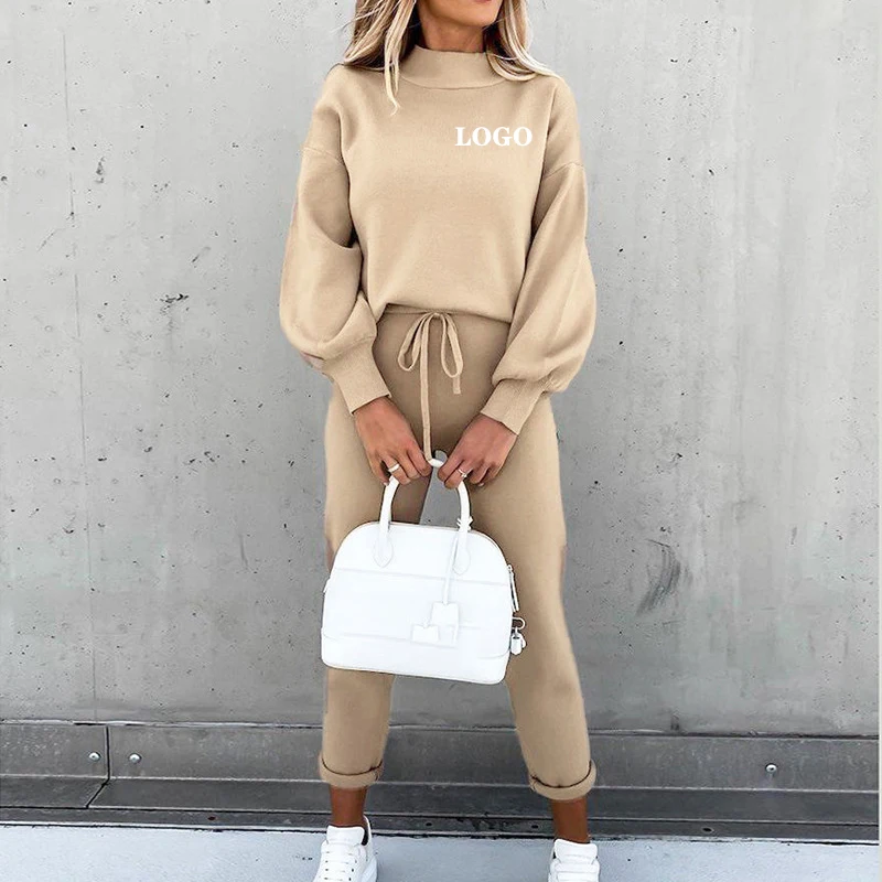 

Custom Logo 2024 Autumn Winter Women's Sweater Set New High Neck Casual Solid Pants Pocket 2 Pieces Set Loose Fashion Clothing