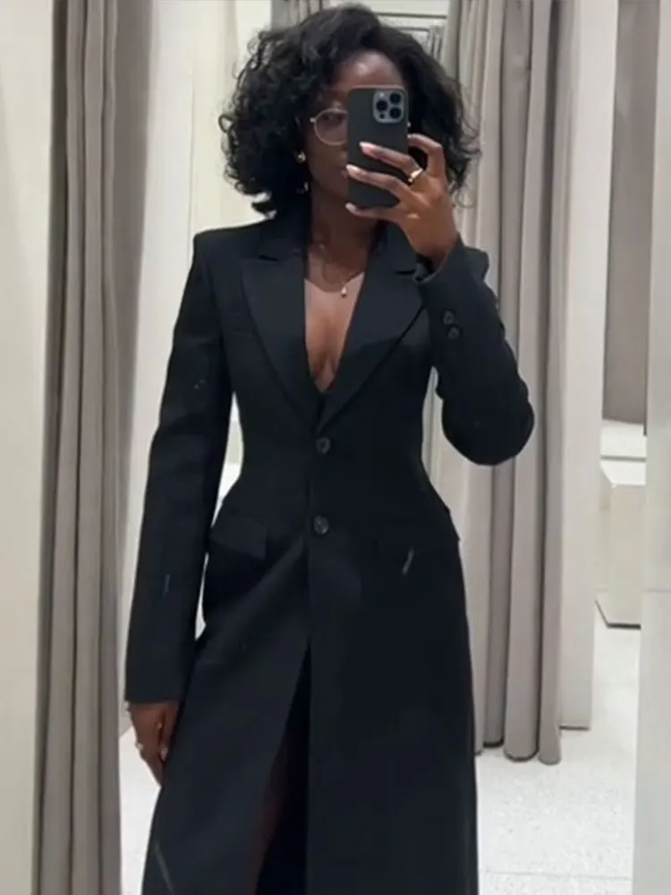Sophisticated Women's Black Long Blazer Coat with Shoulder Pads