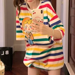 2023 Summer Playful Rainbow Stripe Cartoon Three-dimensional Decoration Loose Casual Round Neck Short Sleeved Oversize T-shirt