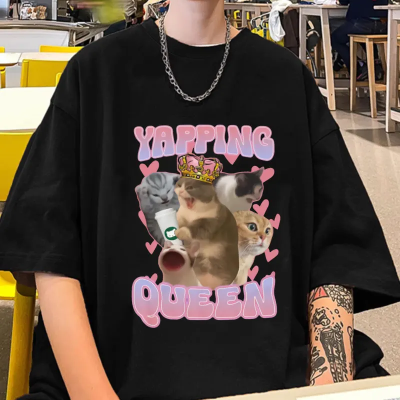 

Yapping Queen Cute Cat Meme Graphic Print T Shirt Summer 100% Cotton Short Sleeve T-shirt Fashion Casual Oversized T-shirts Men