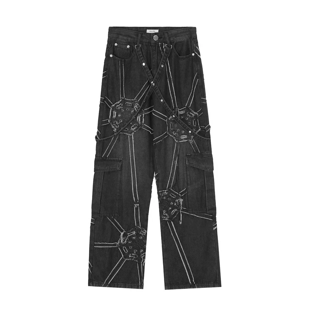 

European and American high street design spider web denim straight trousers for men national trend niche punk wide leg pants