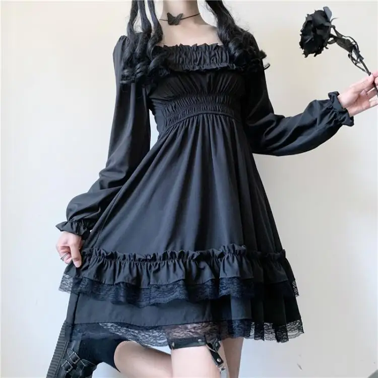 Japanese Lolita Style Women Princess Black Mini Dress Slash Neck High Waist Gothic Dress Puff Sleeve Lace Ruffles Party Dresses corset dress