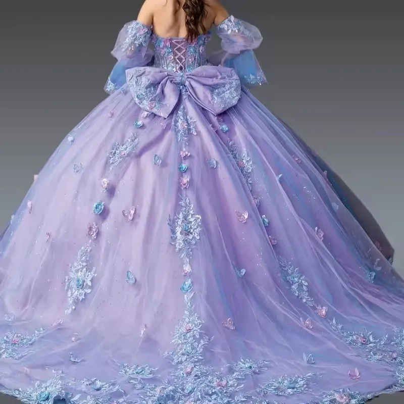 Sky Blue Sweetheart Ball Gown Quinceanera Dress With Bow Mexican 3D Butterfly Vestidos De 15 Quincea&ntilde;eras Formal
