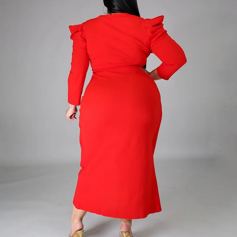 Plus Size for Clothes Women Evening Party V-Neck Bag Hip Irregular Dress Solid Color Pleated Long Sleeve Slim Split Fork Dresses