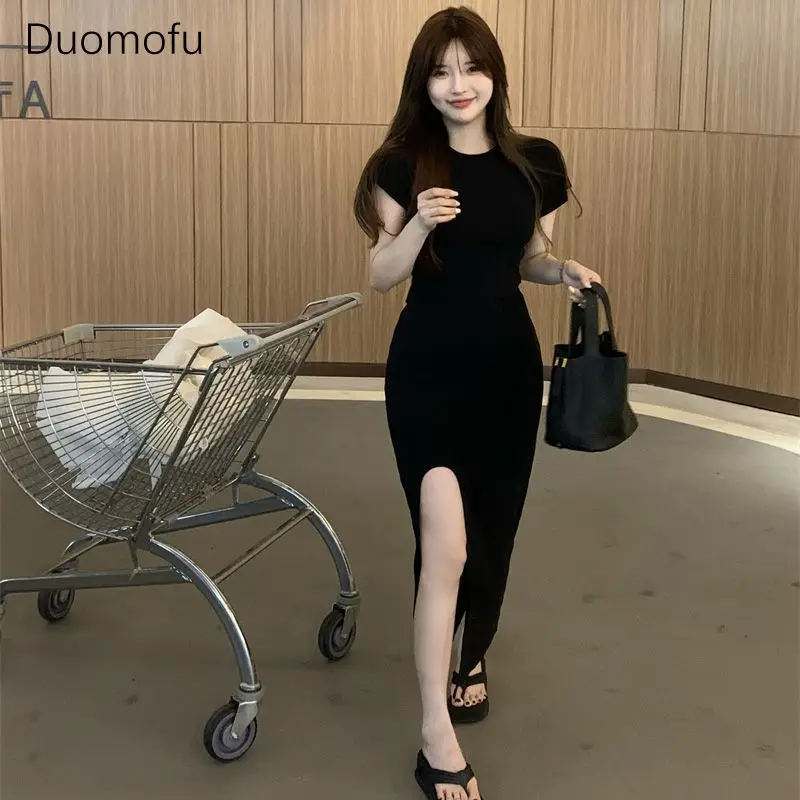 

Duomofu Summer Classic Black O-neck Chicly Split Female Dress New Simple Casual Fashion Solid Color Slim Waist Women Midi Dress