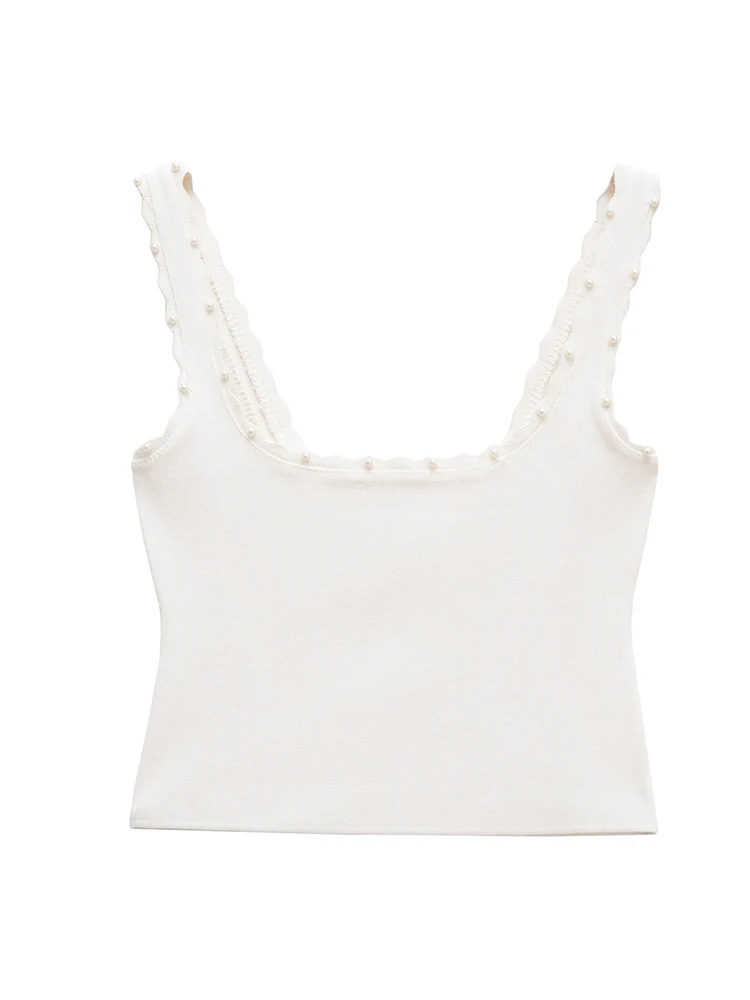 TFMLN 2025 Women's New Mini Skirt Set Summer White Sleeveless Knitted Tank Top Skirt Chic Faux Pearl Decoration Stylish Suit