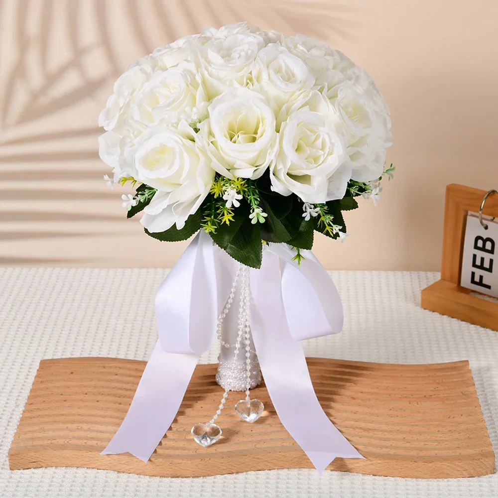 Wedding Bouquets 1PC Love Crystal Pendant Wedding Bouquets for Bride Bridesmaid White Rose Flower Bouquet