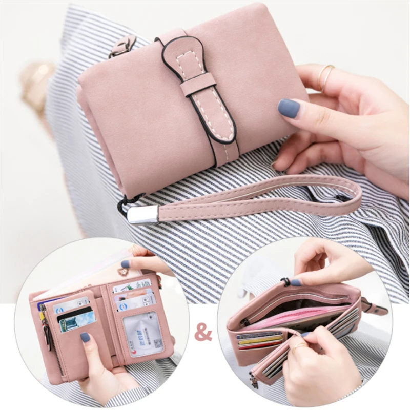 

Multifunction Short Purse Fold Women Wallets Drawstring Nubuck Leather Zipper Wallet With Wrist strap Ladies Carteira Feminina