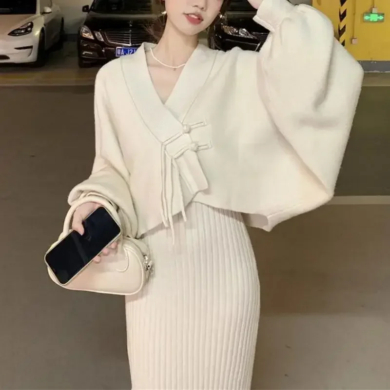 

Winter Elegant 2 Piece Sweater Dresses Set Women Loose Warm Knitted Bodycon Suit Female Casual Korean Fashion Chic Streetwear