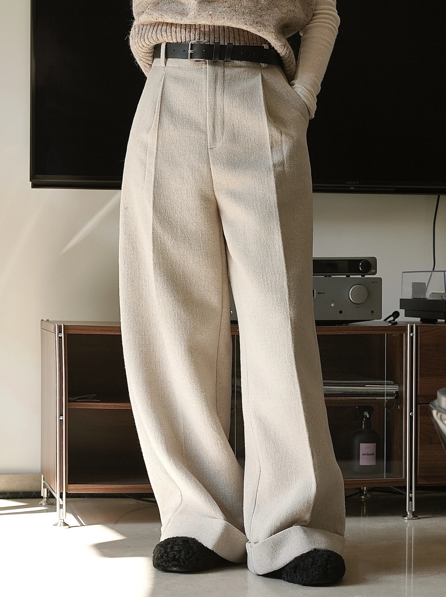 Women's casual solid color high waist loose wide leg pants in autumn ...