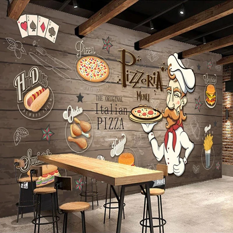 Papel de Parede Personalizado 3d para Parede de Fundo Mural Pintado à Mão Grão de Madeira Comida Pizza Restaurante Cozinha Pintura de Personalidade