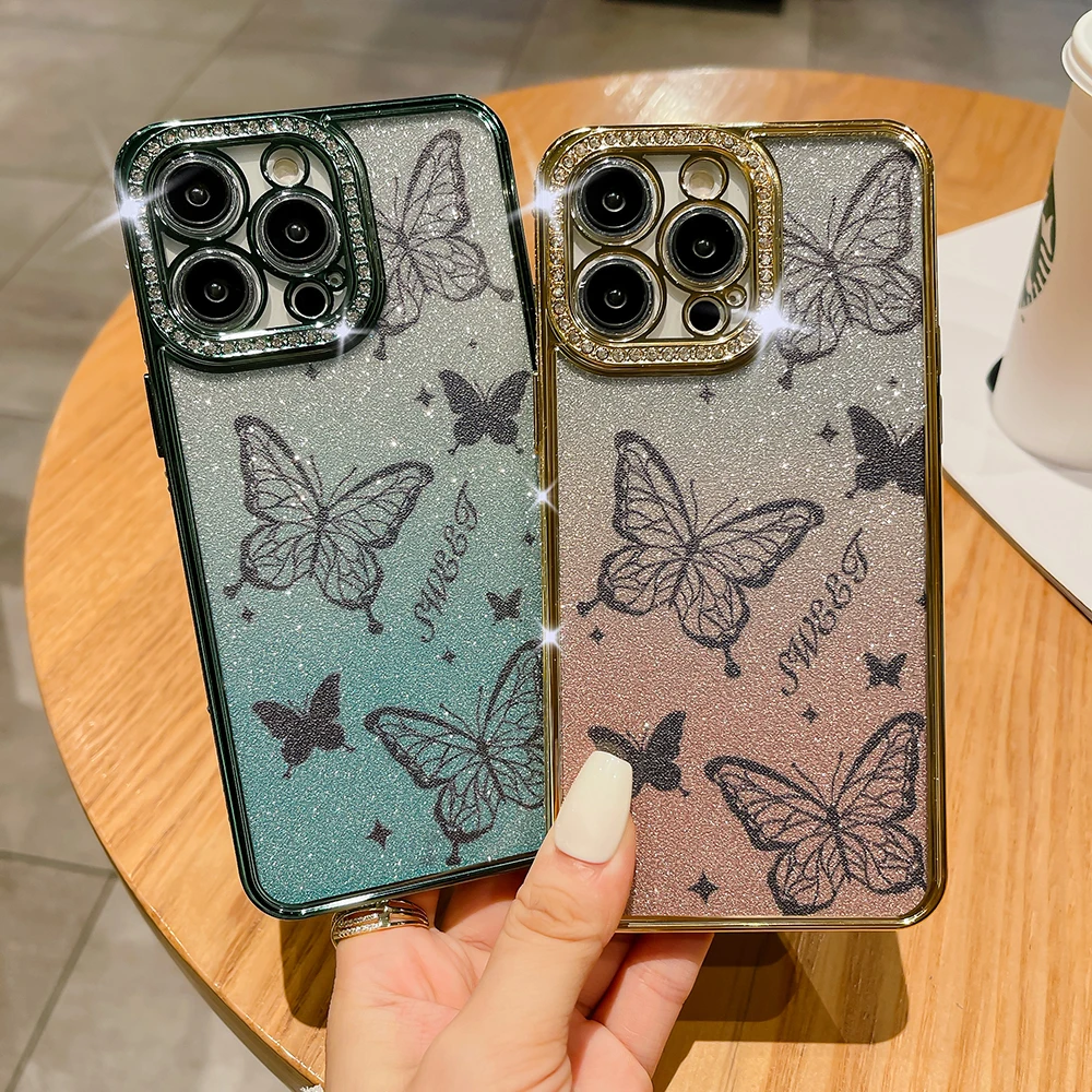 

Soft TPU Phone Case For iPhone 14 Plus 13 12 11 Pro Max Rhinestone Plating Edge Butterfly Pattern Glitter Film Cover