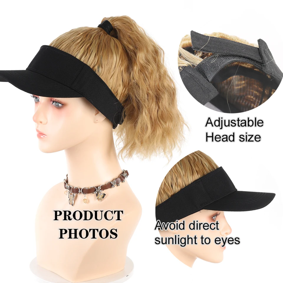 Synthetic Water Wave Ponytail Extensions wiht Hat Sun protection sports Baseball Cap All-in-one Hat Wig Adjustable size