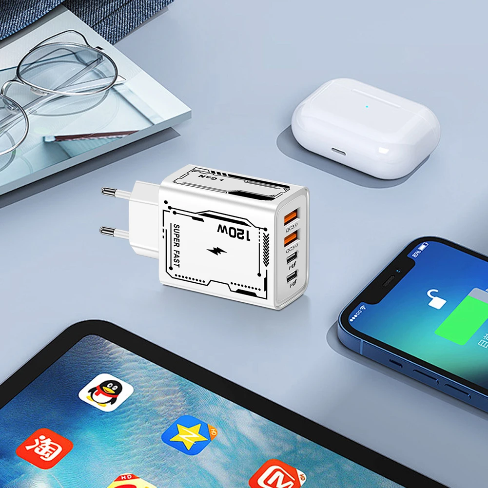 120W Fast Charging 4 Ports USB C Wall Charger QC3.0 PD Type C Charger for iPhone 15 14 13 12 11 Huawei Samsung Xiaomi