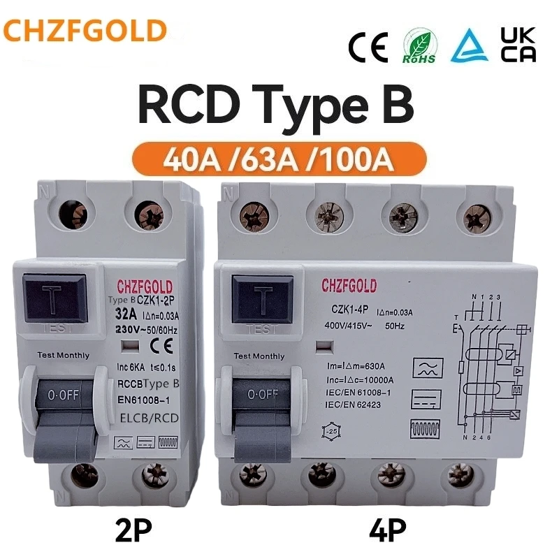 

High quality RCD RCCB B type earth leakage residual current circuit breaker Evse 2P 4P AC 40a 63a 100a 30ma EKL6-100B 10KA 220V