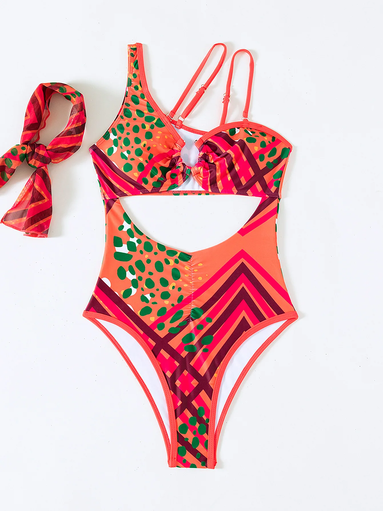 bathing suit sets 2022 Sexy Print One Shoulder Hollow Out One Piece Swimsuit and Scarf Women Swimsuit Bathing Suit Beachwear Two Piece Set cute swimsuits