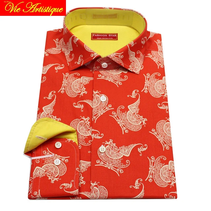 

Дизайнерская мужская хлопковая рубашка на заказ с цветочным рисунком, деловая, свадебная, повседневная одежда красного цвета с рисунком летучей мыши