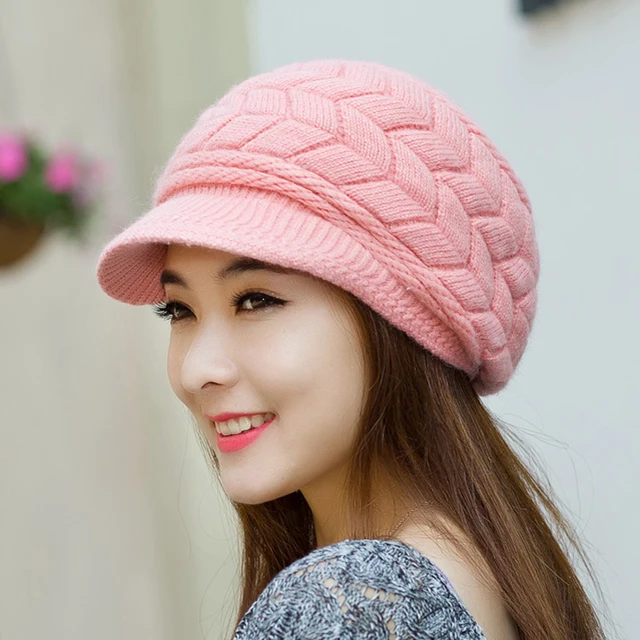  - Women's Hats Winter Warm Knitted Hat Rabbit Hair Double Layer Plus Velvet Cap Visor Beanies For Women Casual