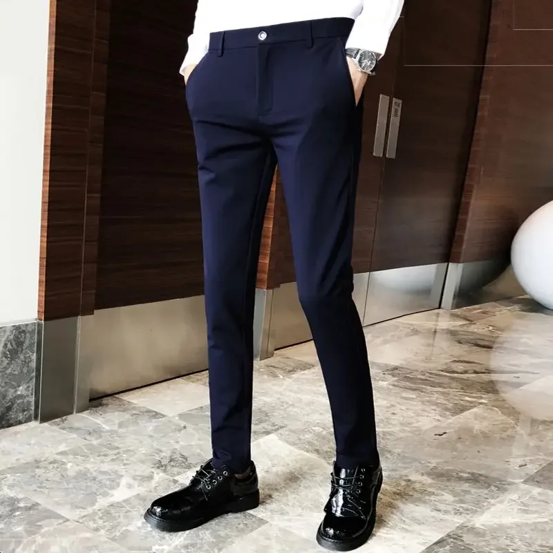 thumbnail image 1 of Pantalones de traje elásticos para hombre, de negocios, con trenzas, 9 pantalones de verano para hombre, de corte ajustado y drapeado, de sastrería social, 1 of 5
