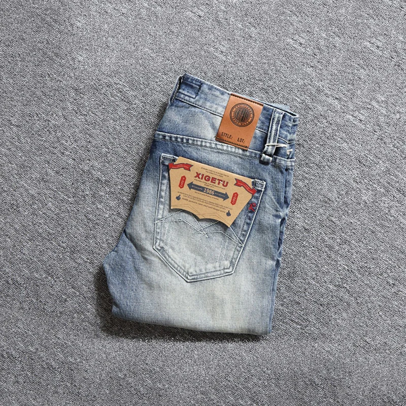 Fashion Designer Men Jeans High Quality Retro Light Blue Stretch Slim Fit Ripped Jeans Men Button Fly Vintage Denim Pants Hombre