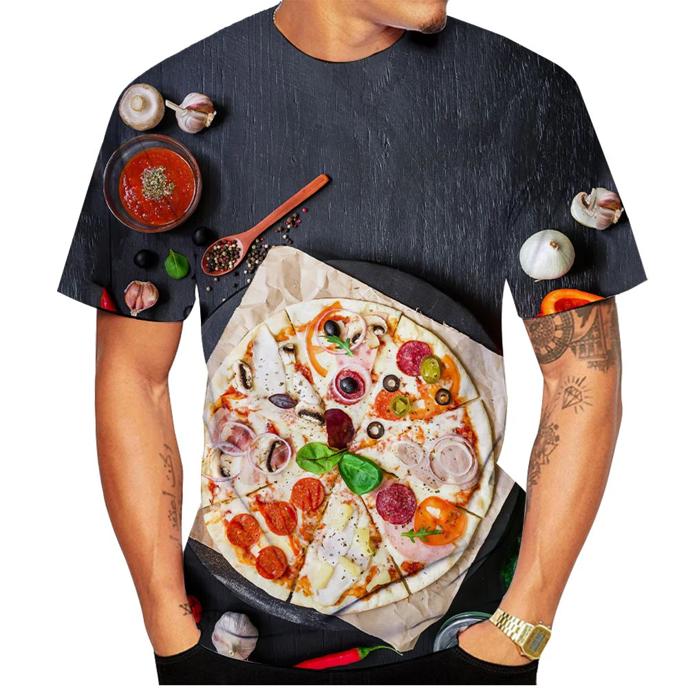 Funny 3D Print Bacon Pizza T Shirt Summer Short Sleeve Tee