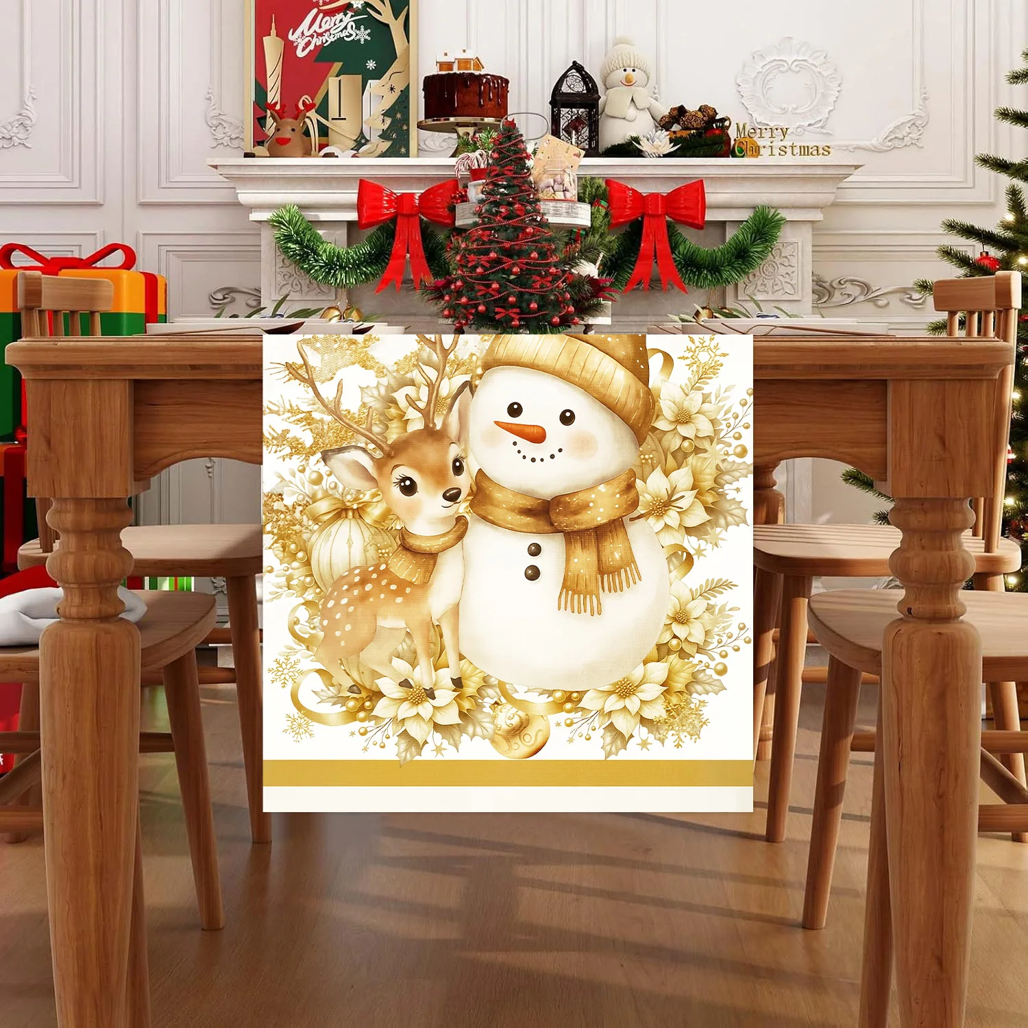 Weihnachtlicher Tischläufer aus Polyester/Leinen in Gold – ideal für Weihnachtsfeiern, Partys, Schneemann-, Elch- und Blumendekoration, winterliche Tischdekoration, Geschenkidee_voghion.com
