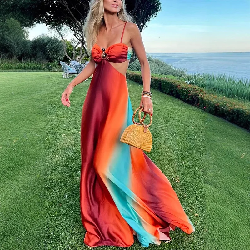 Vestido largo elegante con degradado para mujer, de satén, sin espalda, con corte en A, para playa, sexy, plisado, para vacaciones, verano 2025