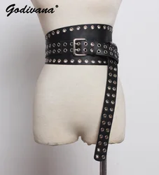 Double Pin Buckle Japanese Belt Wide PU Leather Waistband Seal Decoration Woolen Skirt Shirt Gridle Elastic Waist-Belt for Woman