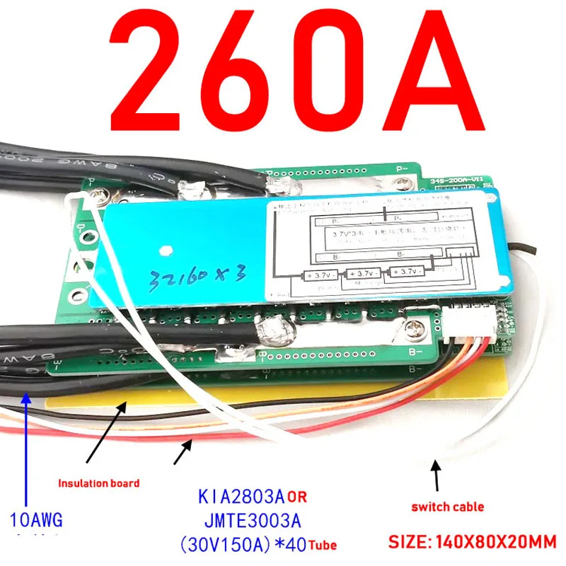 Placa de Proteção da Bateria do Lítio do Li-íon Corrente Alta do Equilíbrio Inversor do rv Começo do Carro Bms 100a 130a 200a 260a 300a 390a 12v 3s - Image 6